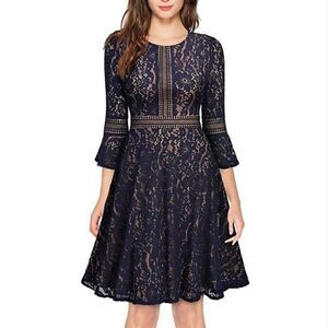 Miss May Retro Beige & Blue Lace Bell Sleeve A-line Mini Dress | Size Small